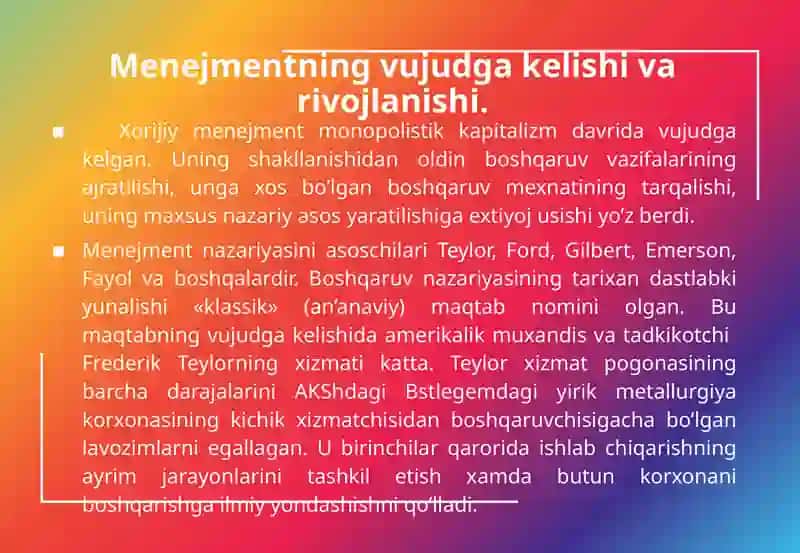 Menejment nazariyasi va amaliyotining rivojlanishi 3