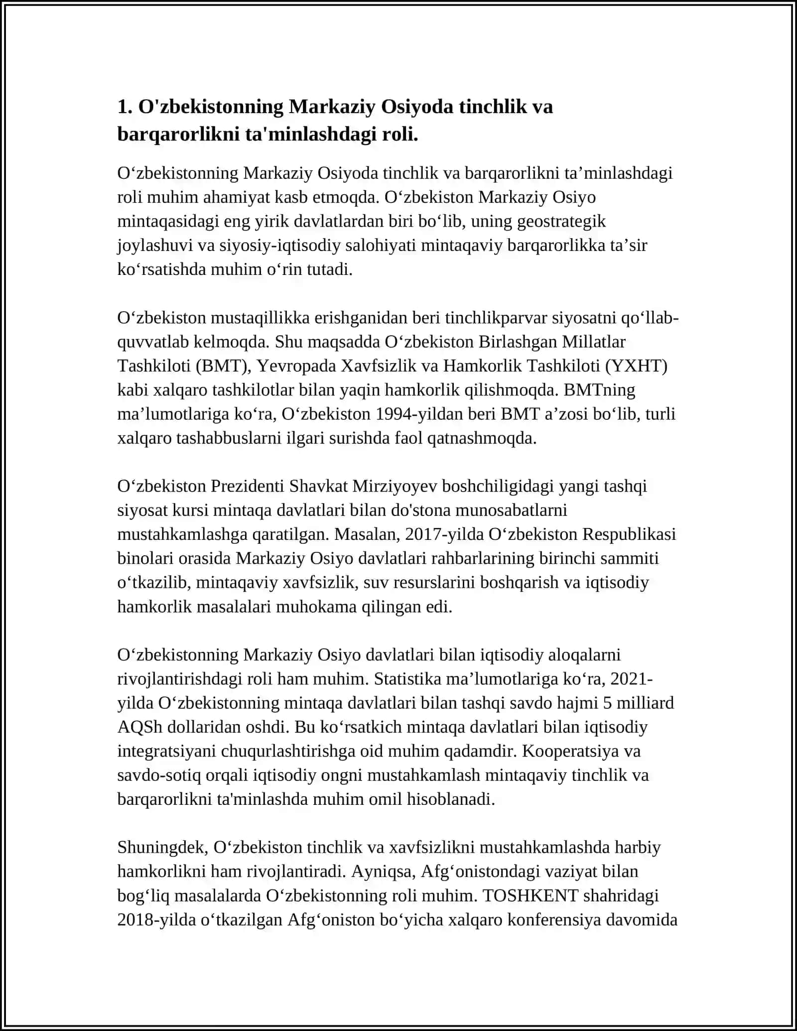 O'zbekistonning Markaziy Osiyoda Tinchlik va Barqarorlikni Taminlashdagi O'rnida 3