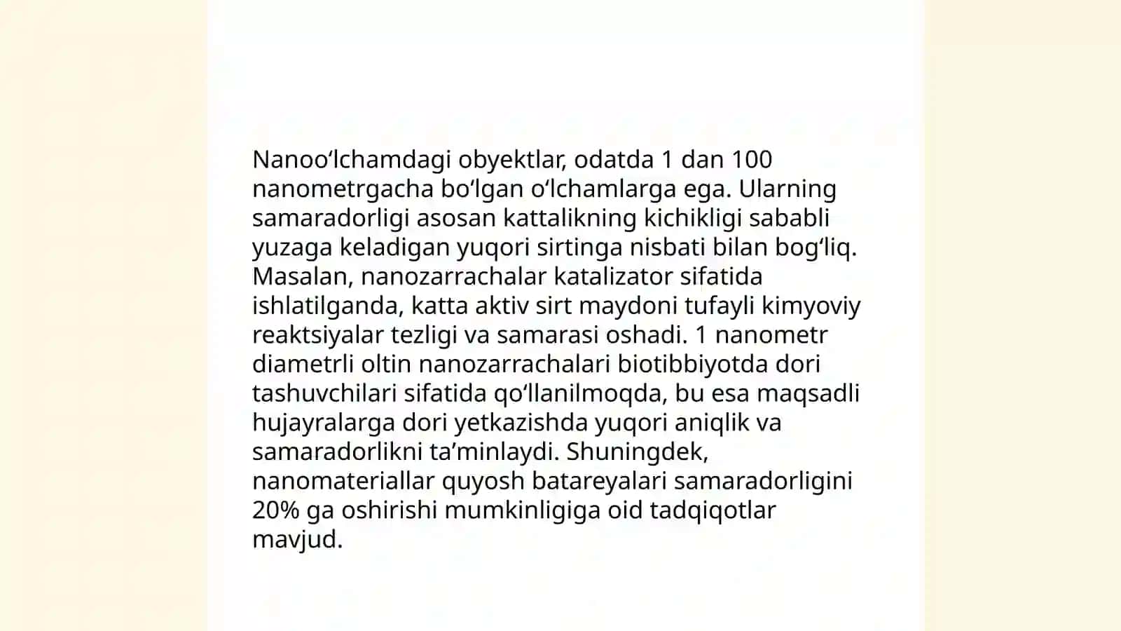 Oʻlcham effekti. Nanooʻlchamdagi obyektlar.Nanoobyektlar olinishi va kolloid moddalar bilan solishtirish 3