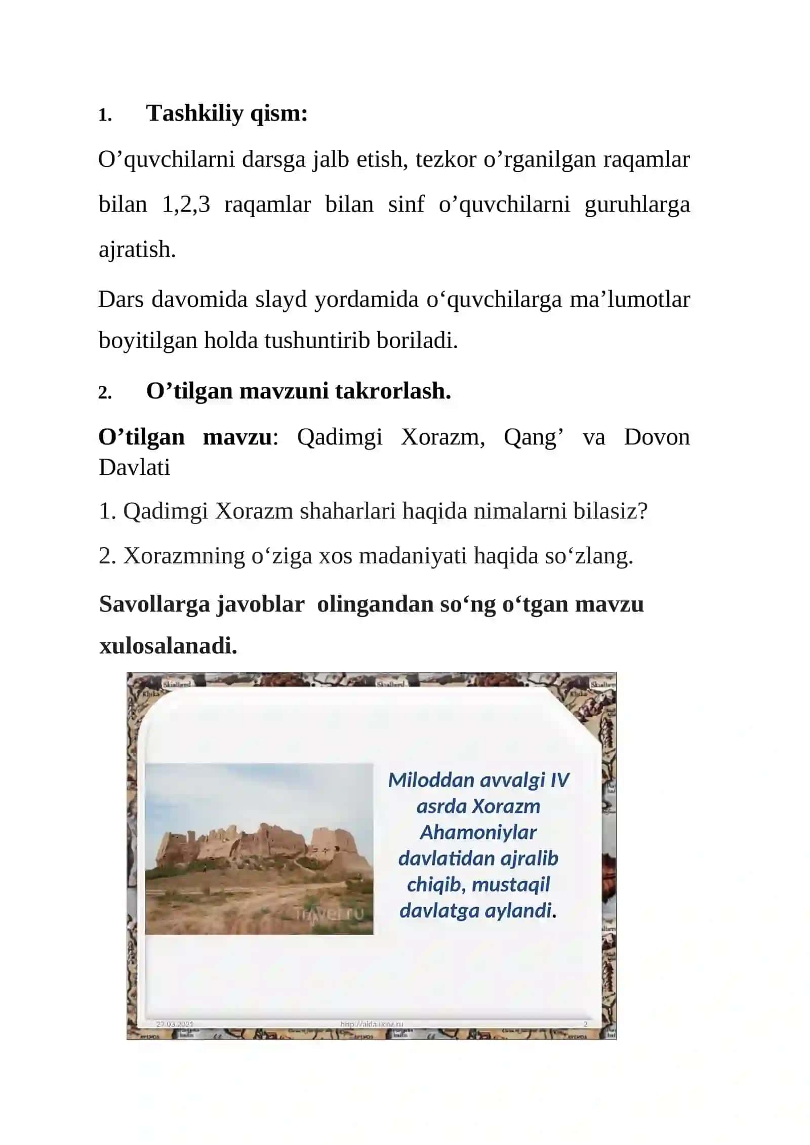 6-sinf Tarix fanidan ochiq dars. Qadimgi Xorazm, Qang' va Davon davlatlari 3