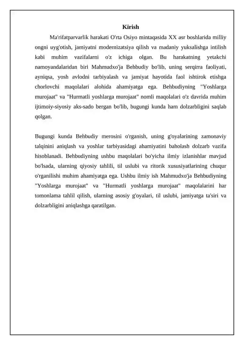 M.Behbudiyning "Yoshlarga murojaat" va "Muhtaram yoshlarga murojaat" maqolalarini tahlil etish 3