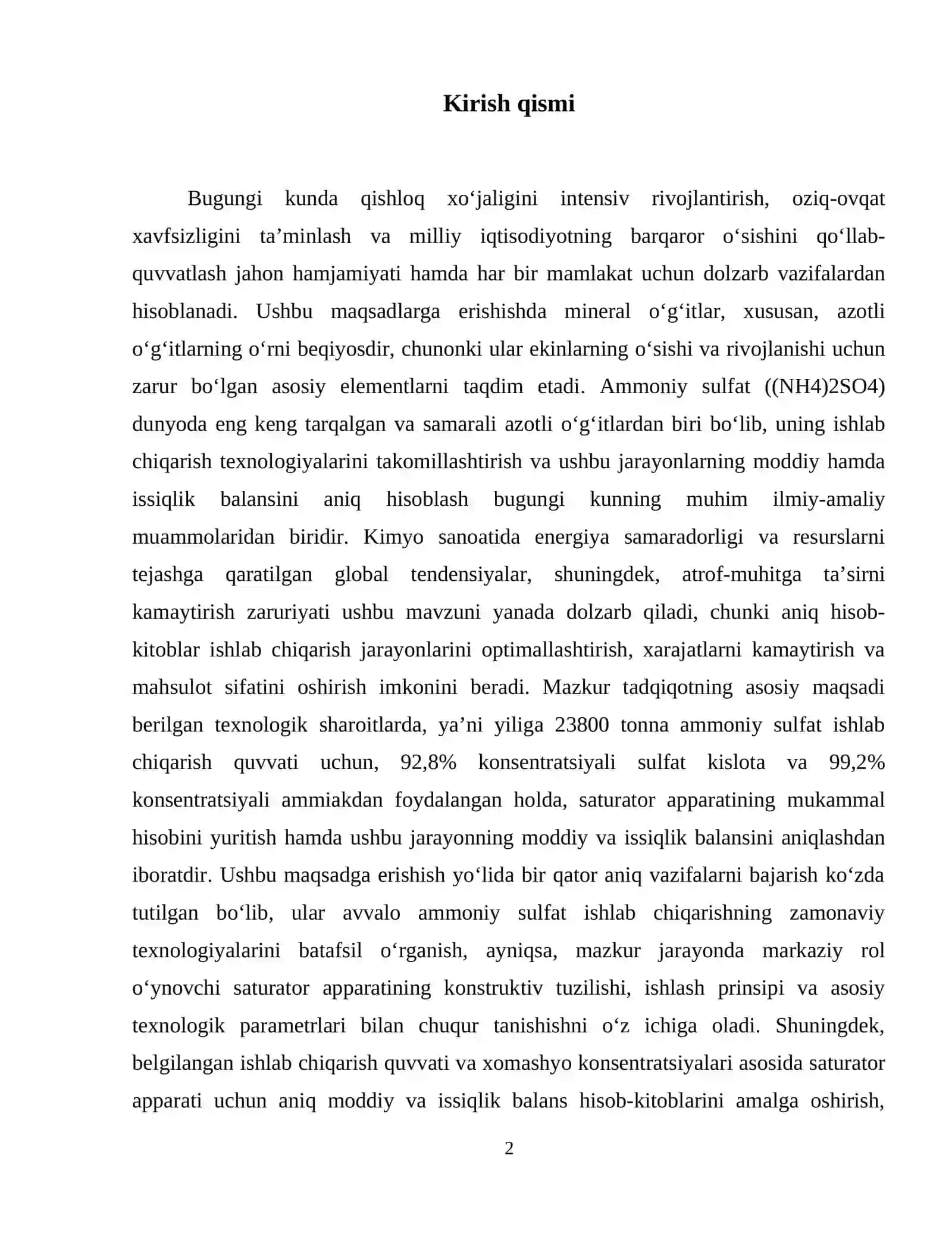 Saturator Aparatining mukammal hisobi bilan ammoniy sulfat ishlab chiqarish moddiy va issiqlik hisoblari N=23800 t/y  (NH4)2SO4  C (H2SO4) =92,8 % C(NH3) = 99.2% 3