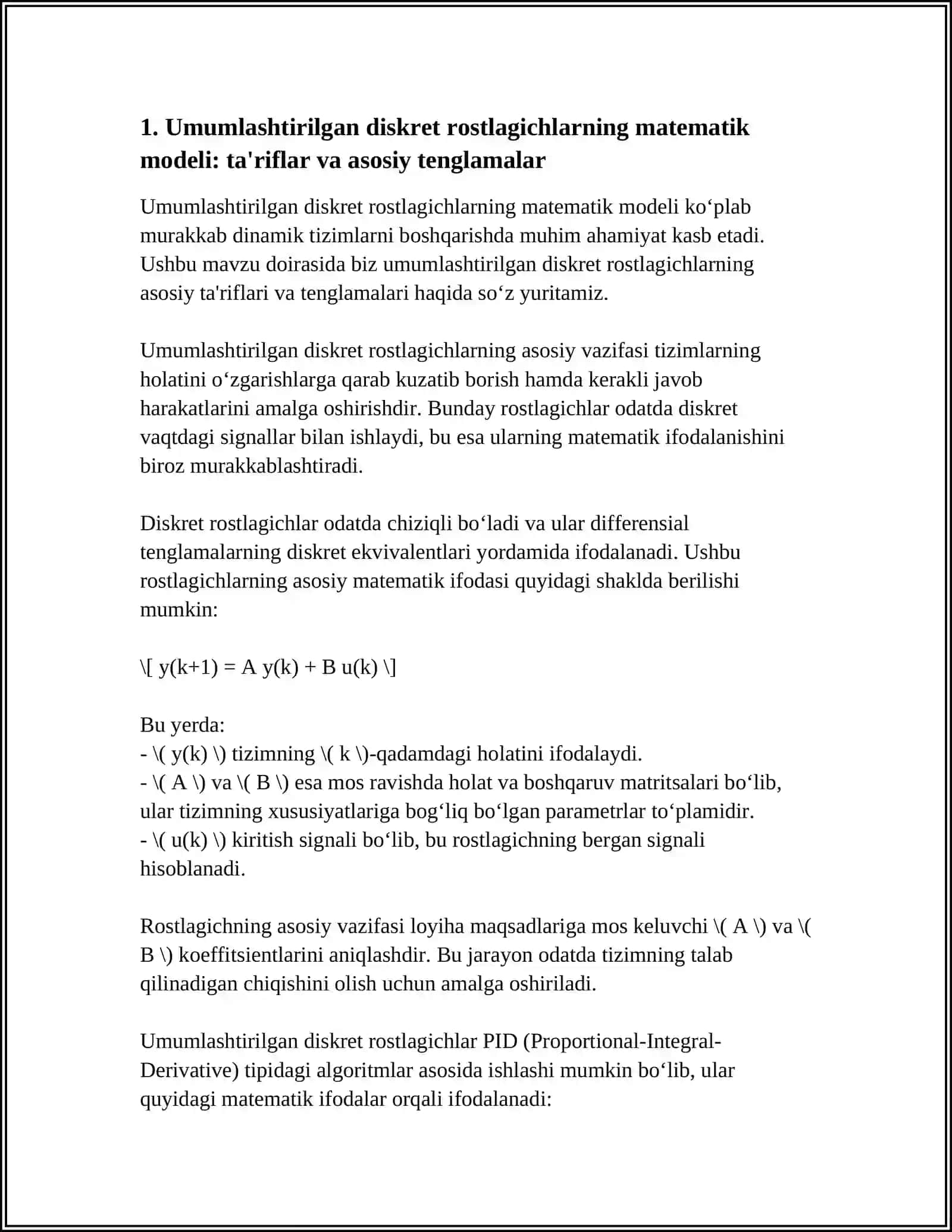 UMMULASHTIRILGAN DISKERT ROSTLAGICHLARNING MATEMATIK MODELLARI VA ULARNING MURAKKAB DINAMIK TIZIMLARNI BOSHQARISHDA QO'LLANILISHI 3