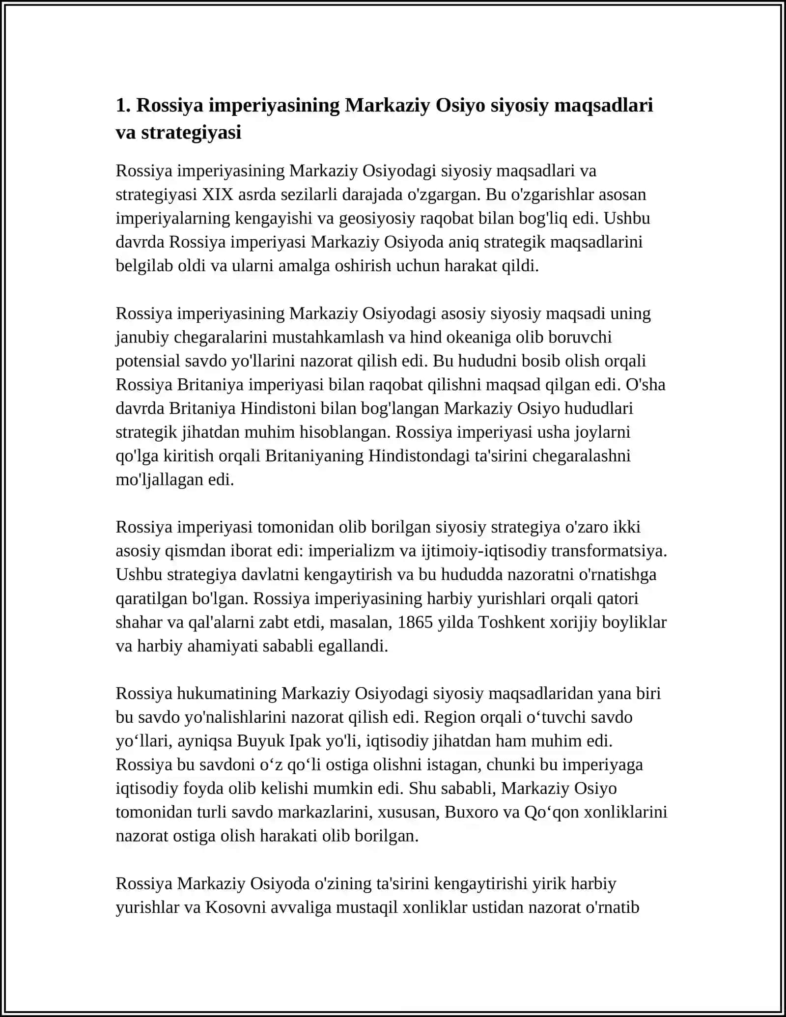 ROSSIYA IMPERIYASINING O'RTA OSIYOGA YURISHI VA TURKISTON GENERAL GUBERNATORLIGINI TASHKIL TOPISHI 3