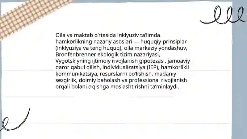 Alohida yordamga muhtoj bolani umumtaʼlim maktabi yoki maktabgacha tashkilotda inklyuziv taʼlim sharoitida oʻqishga moslashishida oila va maktabni oʻrni 3