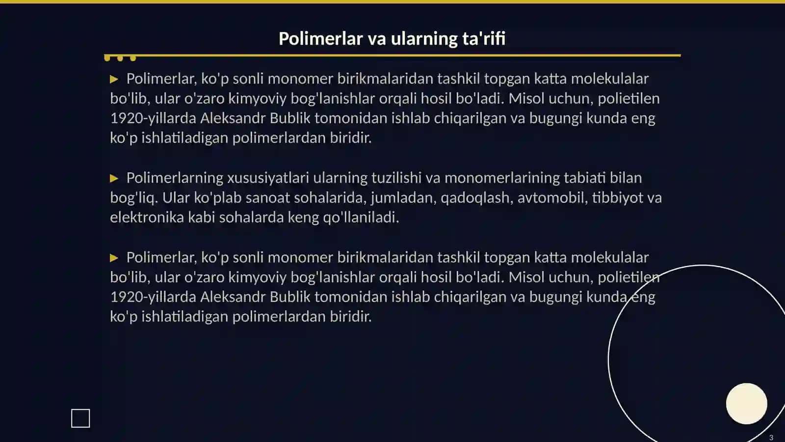 Polimerlar kimyosi fani. Polimerlar va ularning oʻziga xos xususiyatlari 3