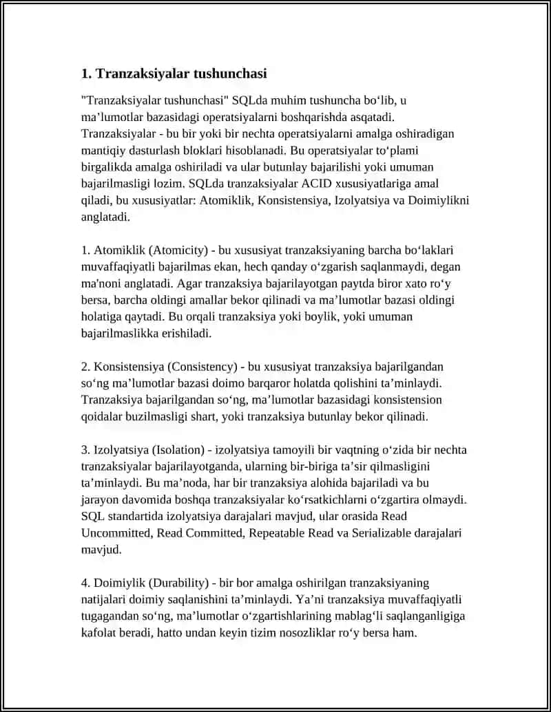 SQLDA JARAYONLAR VA STANDART FUNKSIYALARI 3