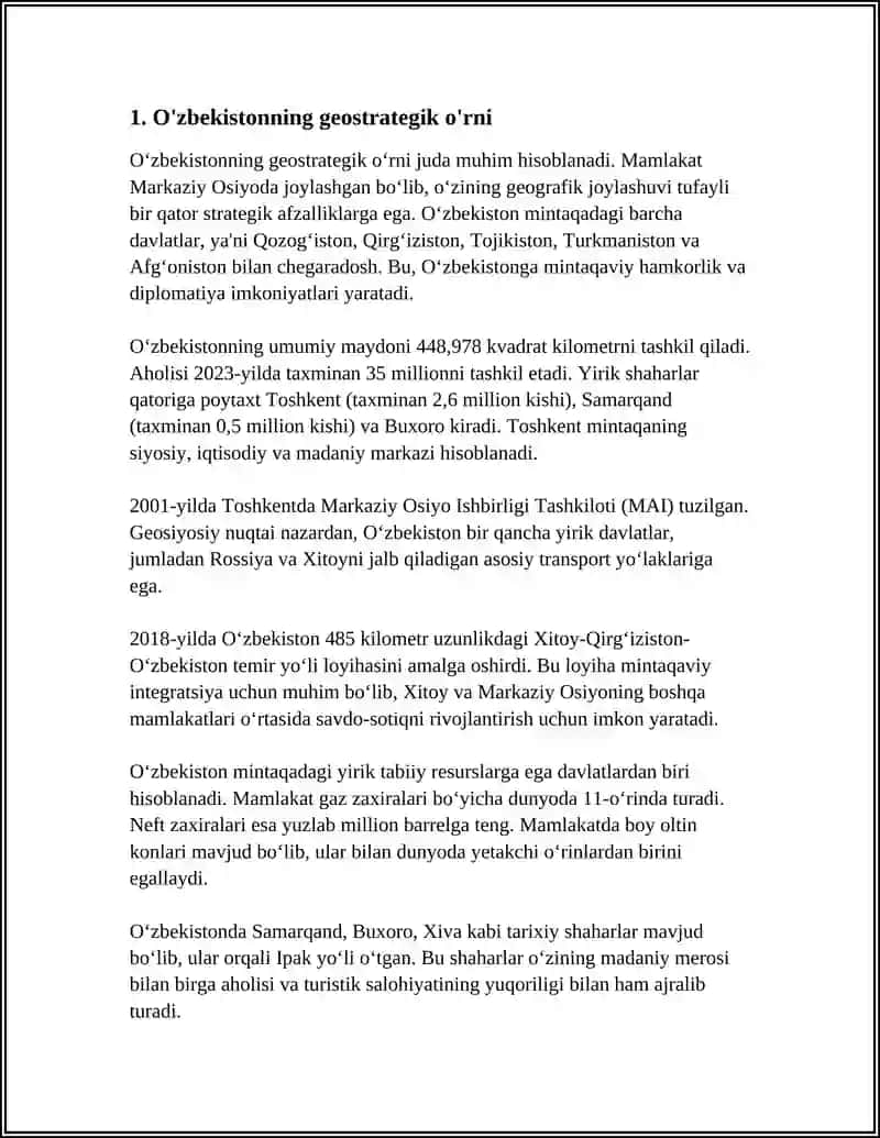 O‘zbekistonning MARKAZIY OSIYODA TINCHLIK VA BARQARORLIKNI TA'MINLASHDAGI O'RNI 3