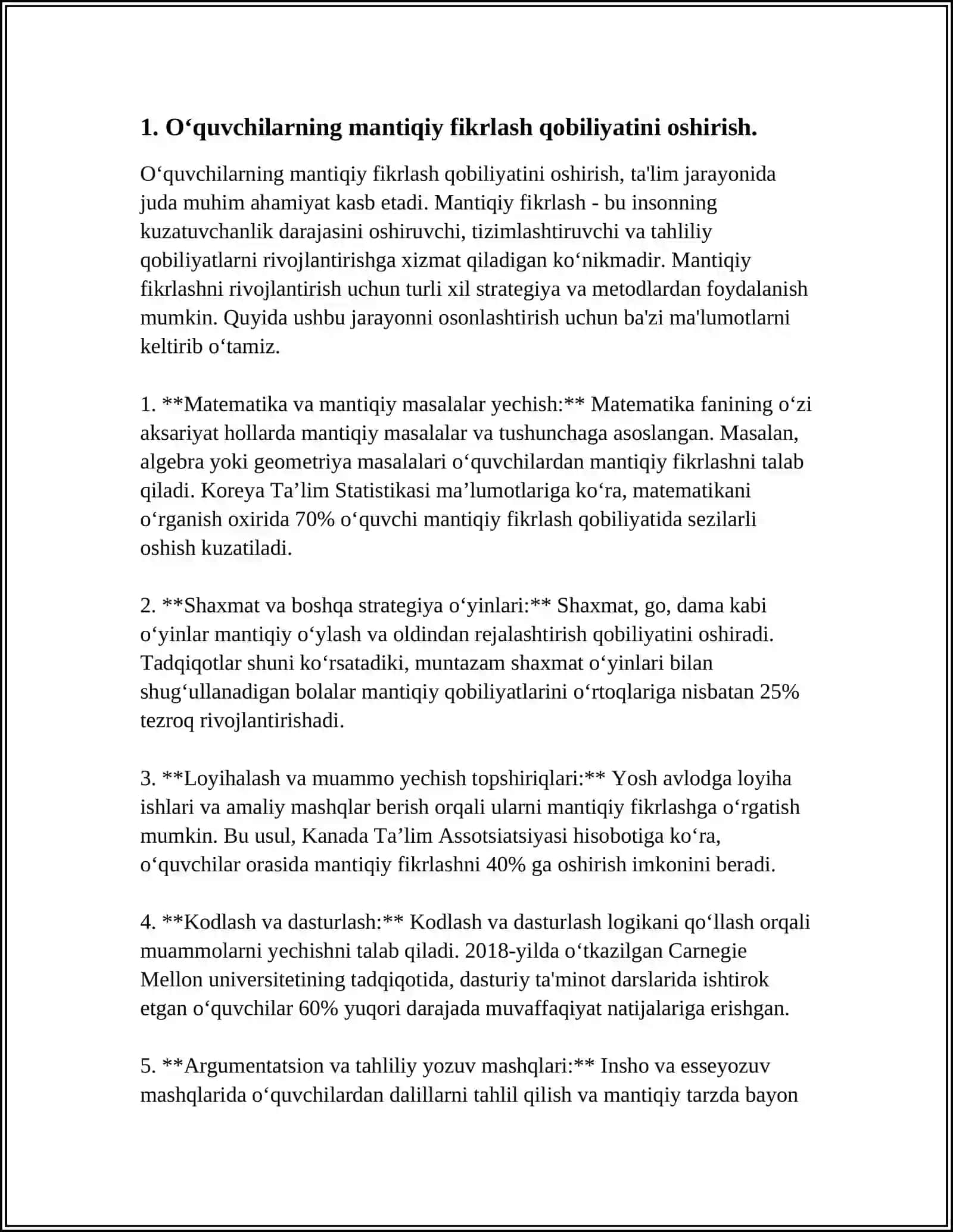 MUSTAQIL ISH Mavzu: XOTIRANI OʻQISH FAOLIYATIDA RIVOJLANTIRISH 3