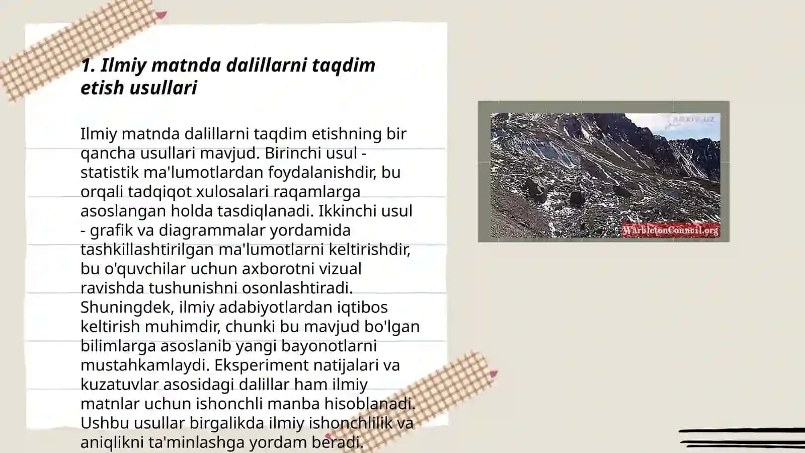 Ilmiy matnda dalillar va obʼyektlar jarayonlar va hulosalarni berilishi 3