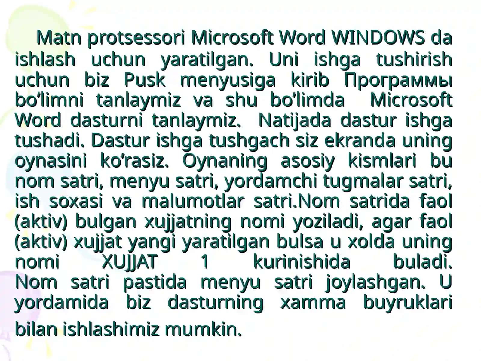 Word дастурига кириш,  Word дастури менюлари тавсифи 3