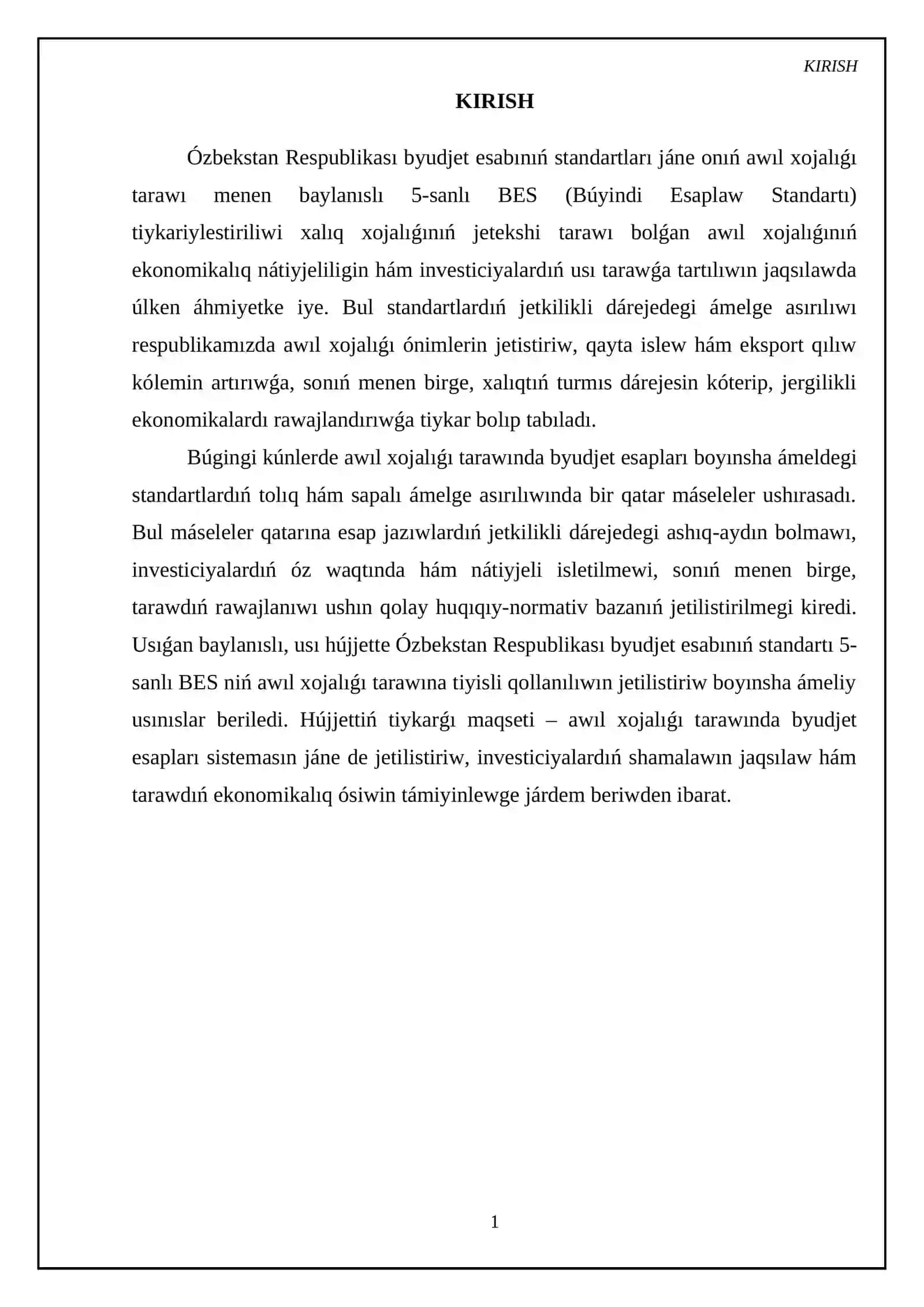 Ózbekstan Respublikası byudjet esabınıń standartı 5-sanlı BES Awıl xojalıģı 3