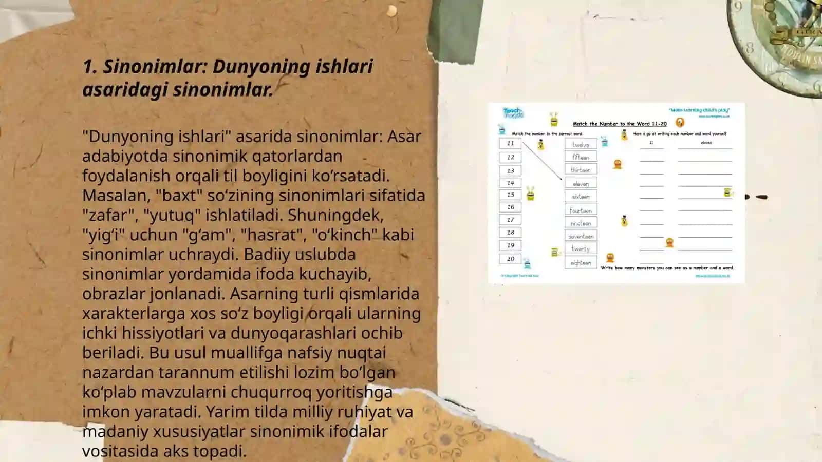 Dunyoning ishlari asaridagi sinonim antonim omonim paronim arxaizm istorizmlarni topish aniqroq kengroq qilib qanday maʼnoni ifodalab kelishiga ham bogʻlab 3