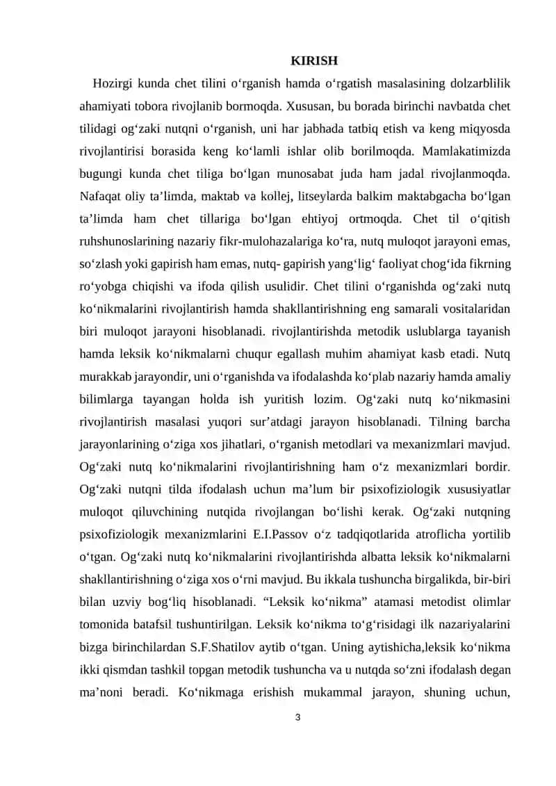 MAVZU: CHET TILINI O‘QITISHDA LOYIHAVIY USULLARI ASOSIDA NUTQ KO‘NIKMALARINI RIVOJLANTIRISH 3