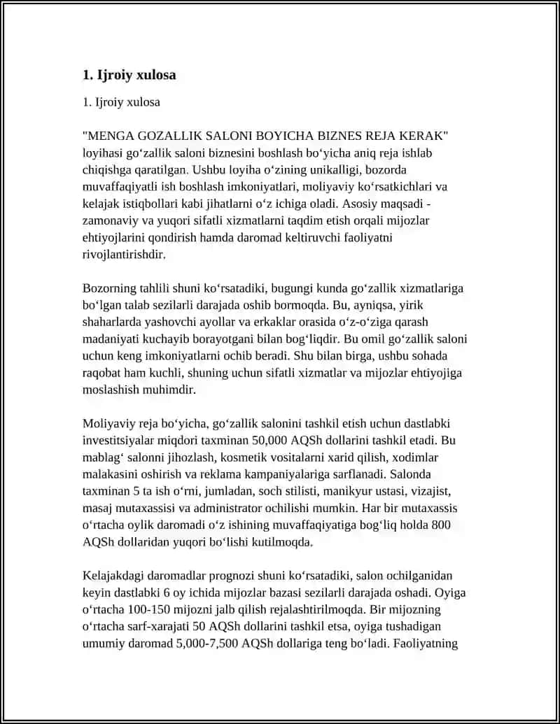 MENGA GOZALLIK SALONI BOYICHA BIZNES REJA 3