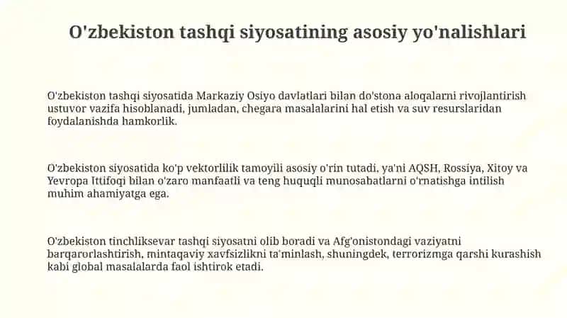 O'zbekistonning tashqi siyosati va xalqaro tashkilotlardagi ishtiroki 3