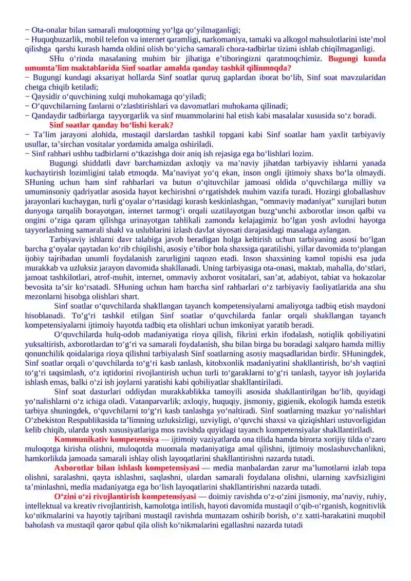 3-sinflar uchun Sinf soati Yillik ish reja va ishlanmalari 3