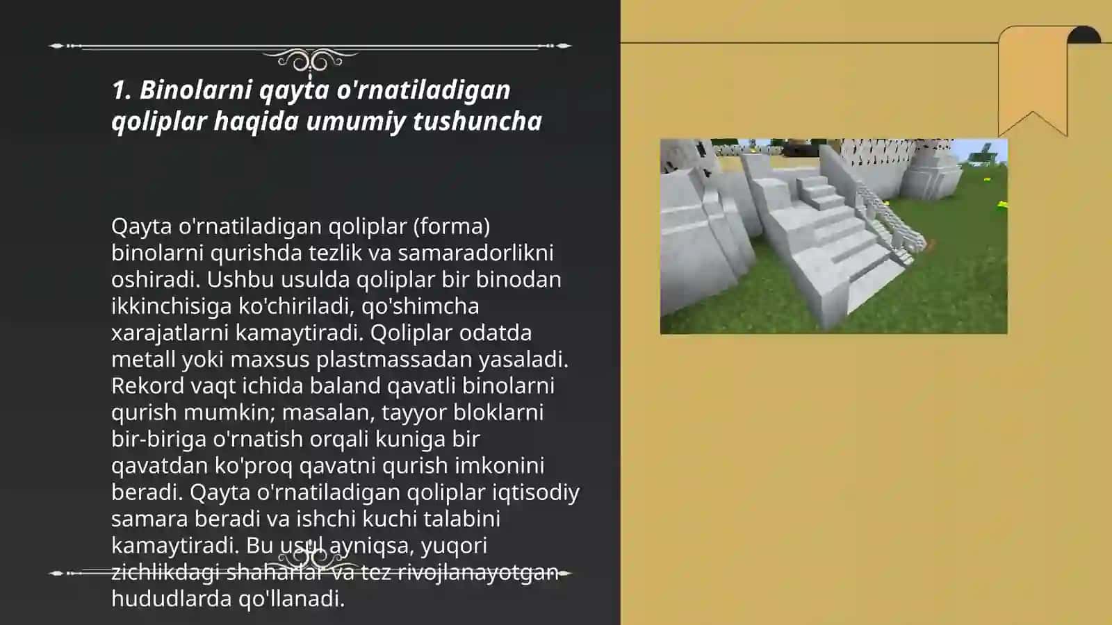 Binolarni qayta o'rnatiladigan qoliplardan barpo etish 3
