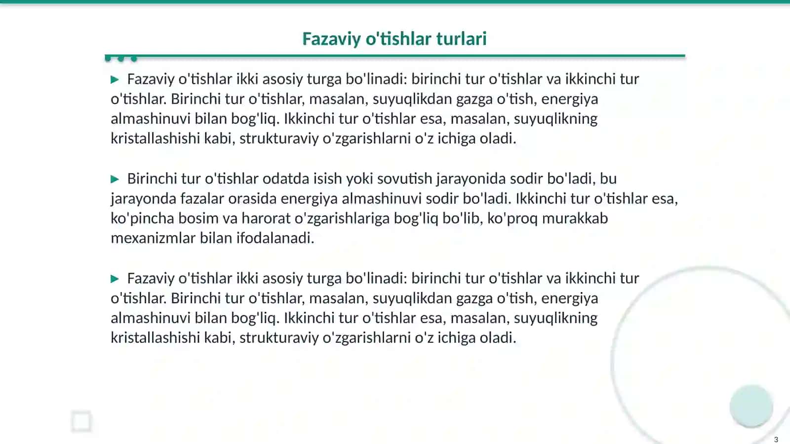Birinchi va ikkinchi tur fazaviy o'tishlar Klapeyron klauzius va Erenfest tenglamalari.Kritik holati.Uchlik nuqta Real gazlar statistikasi Van -Der vaals tenglamasi 3