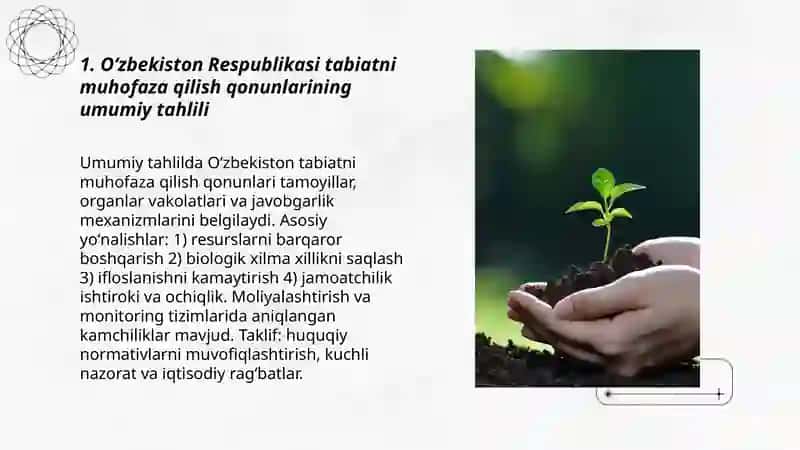 Oʻzbekiston Respublikasi tabiatini asrashga doir qonunlarni oʻrganish tahlil qilish 3
