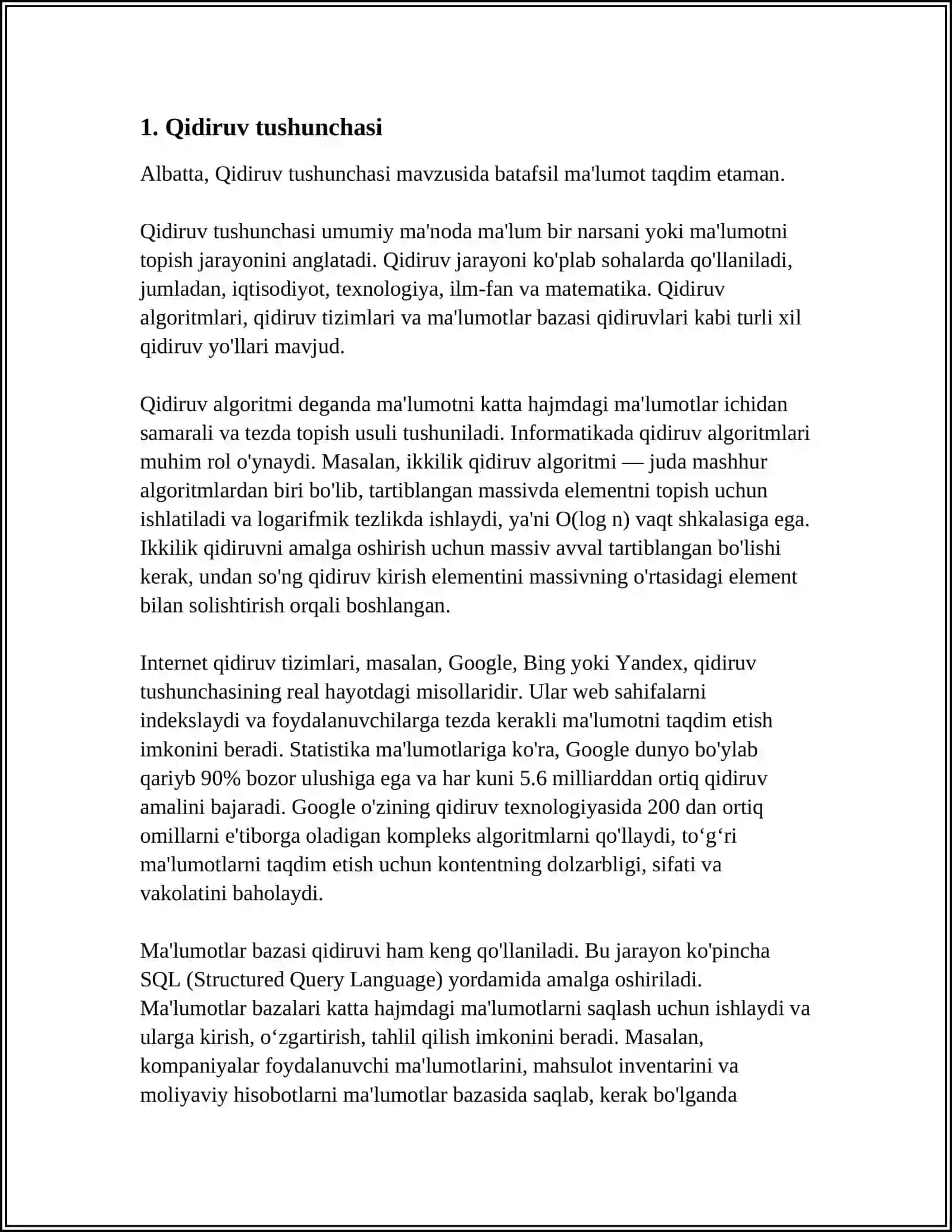 MAʼLUMOTLARNI QIDIRISH USULLARI VA ULARNING SAMARADORLIGI.QIDIRUV TUSHUNCHASI VA UNING VAZIFALARI 3