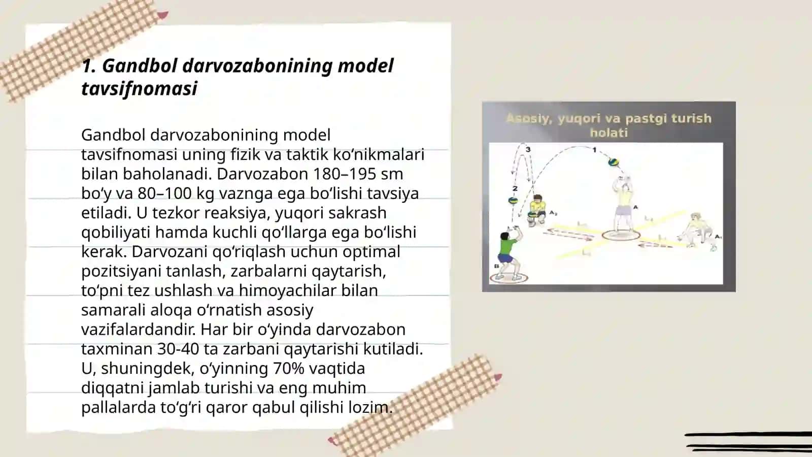 Sport faoliyatini modellashtirish. Gandbolda har bir amplau o‘yinchilarning model tavsifnomasi 3