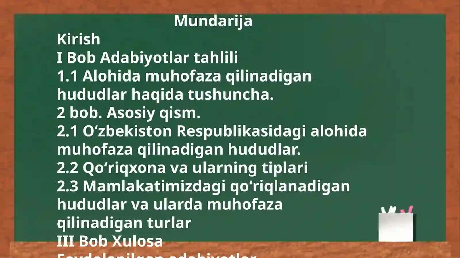 Oʻzbekistonda tashkil qilingan qoʻriqxonalar va ularda koʻpaytiriladigan noyob umurtqali hayvonlarmavzusida 3