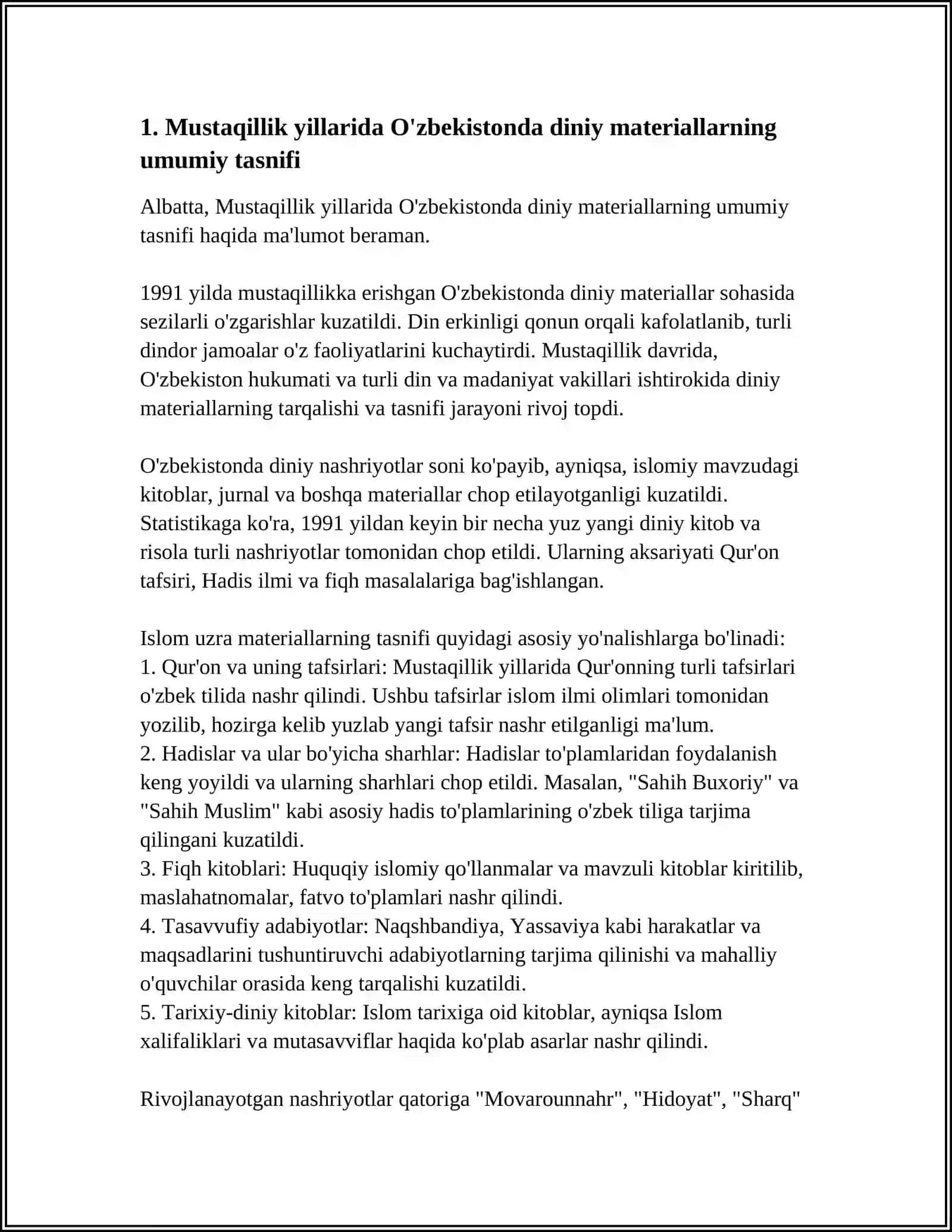 MUSTAQILLIK YILLARIDA DINIY MATERIALLARNING TASNIFLANISHI 3