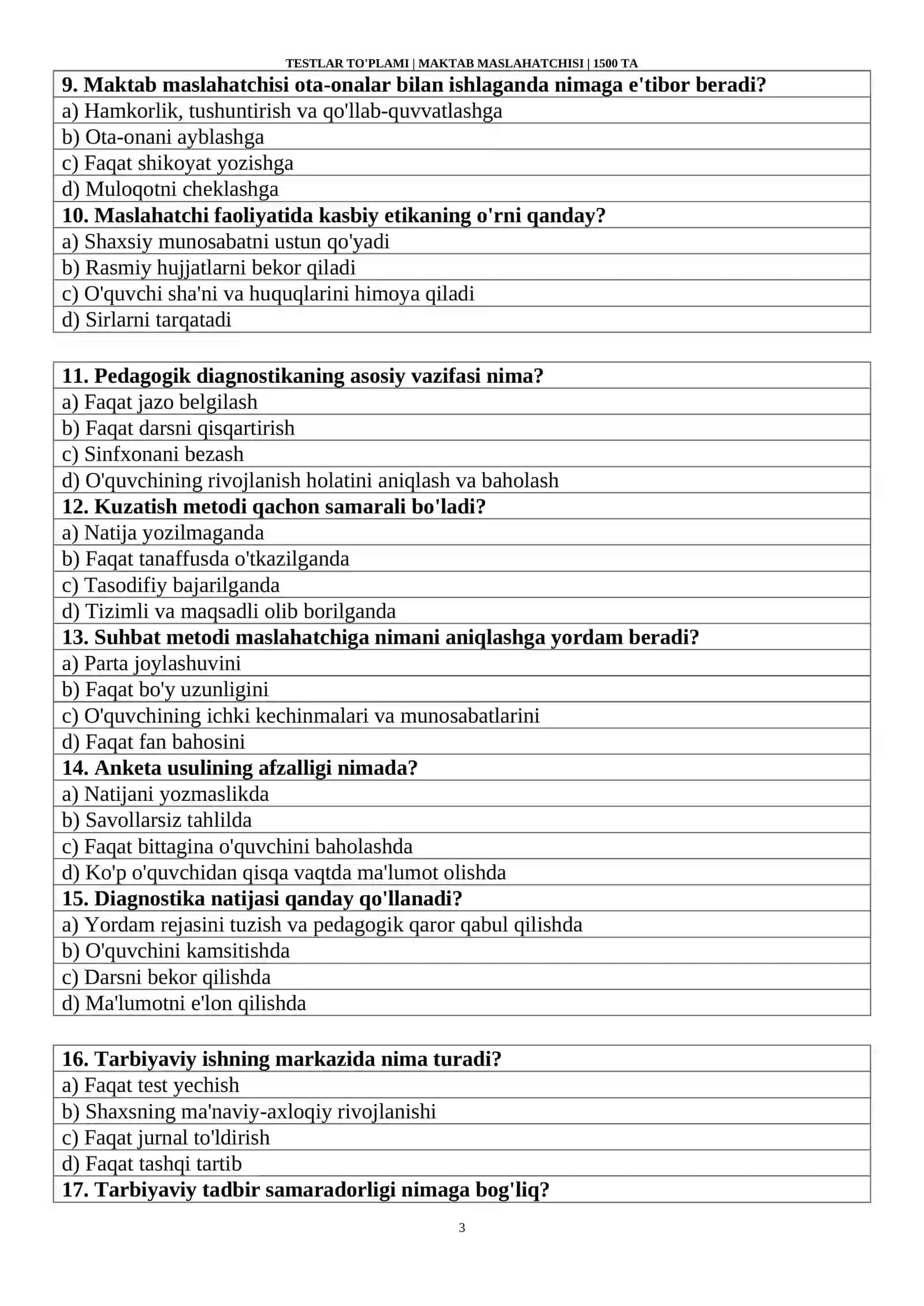 TESTLAR TO'PLAMI | MAKTAB MASLAHATCHISI | 1500 TA 3