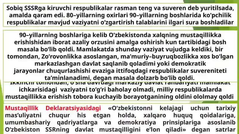 Mustaqil o‘zbekiston respublikasining tashkil topishi va uning tarixiy ahamiyati 3