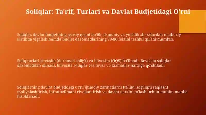 Davlat byudjeti daromadlarini shakllantirishda soliqlarning tutgan o'rni va ahamiyati 3