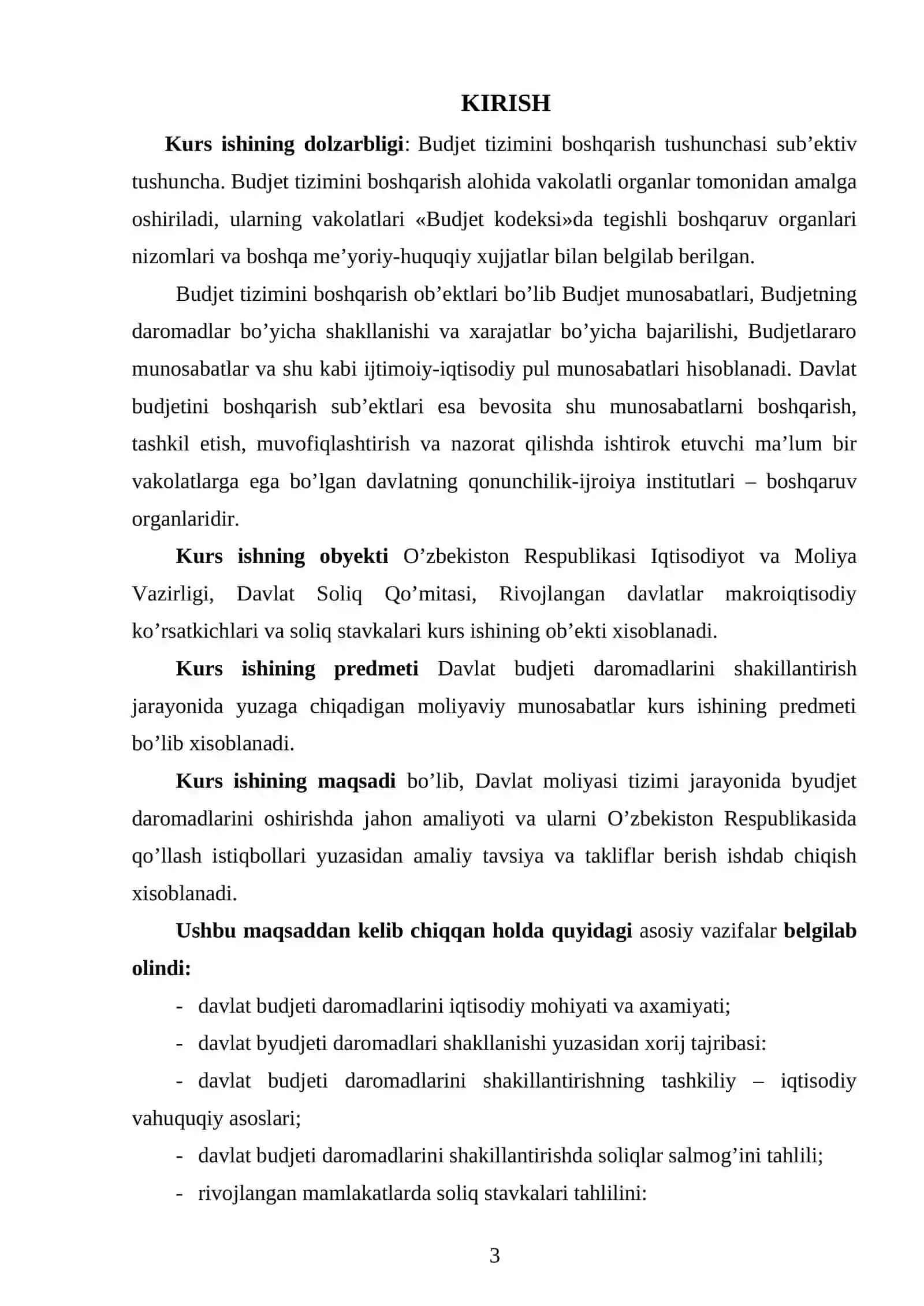 O’zbekiston Respublikasida respublika va mahalliy hukumat organlarining budjet huquqlari va ularni takomillashtirish masalalari mavzusida kur ishi 3
