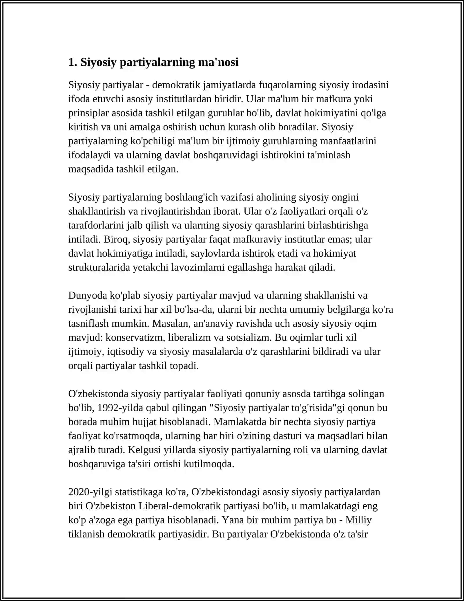 MUSTAQIL ISH Mavzu: SIYOSIY PARTIYALAR: TUSHUNCHASI, ROLI VA ULARNING ASOSIY FUNKTSIYALARI 3