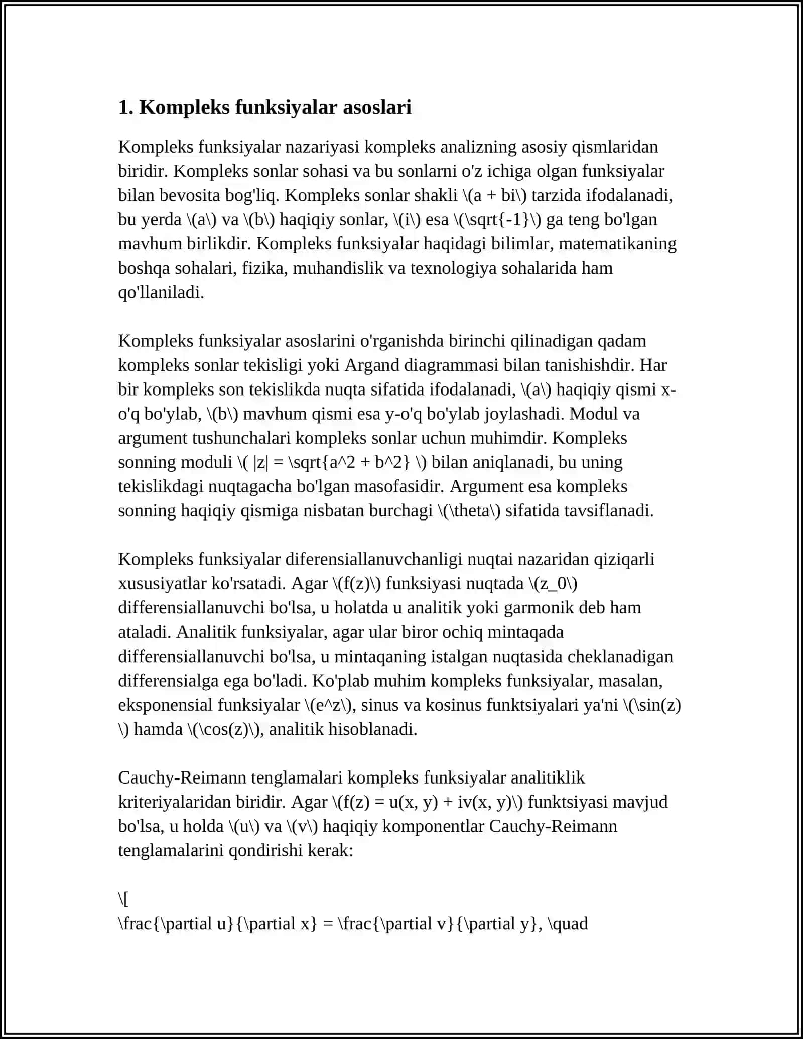 KOMPLEKS O'ZGARUVCHILI FUNKSIYANI DIFFERENSIALLASH. KOSHI-RIMAN SHARTI 3