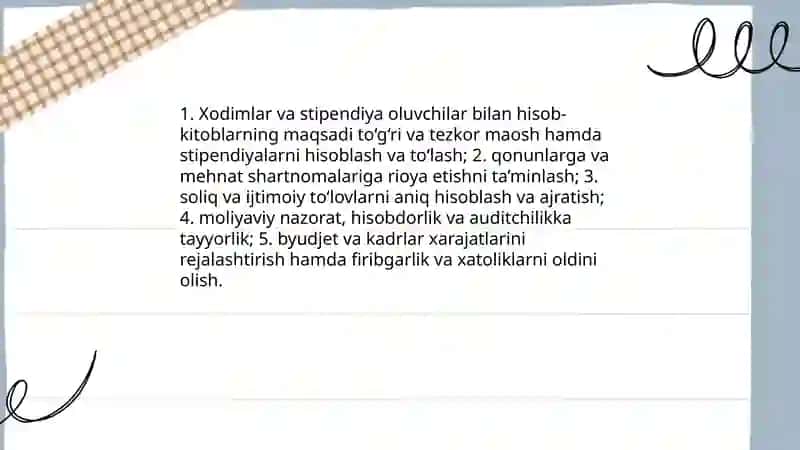 Xodimlar va stipendiya oluvchilar bilan hisob-kitoblar hisobining maqsadi va vazifalari 3