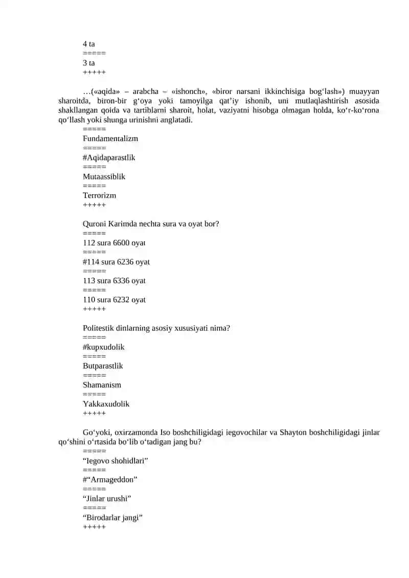 DINSHUNOSLIK FAN YUZASIDAN TESTLAR 3