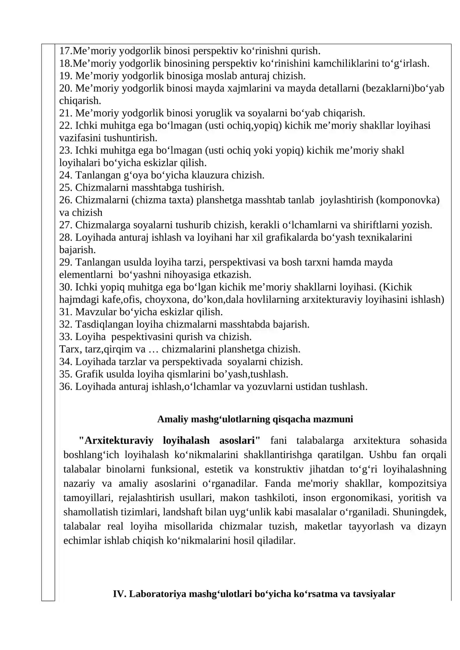 “ARXITEKTURAVIY LOYIHALASH ASOSLARI” Fanining O’QUV DASTURI 3