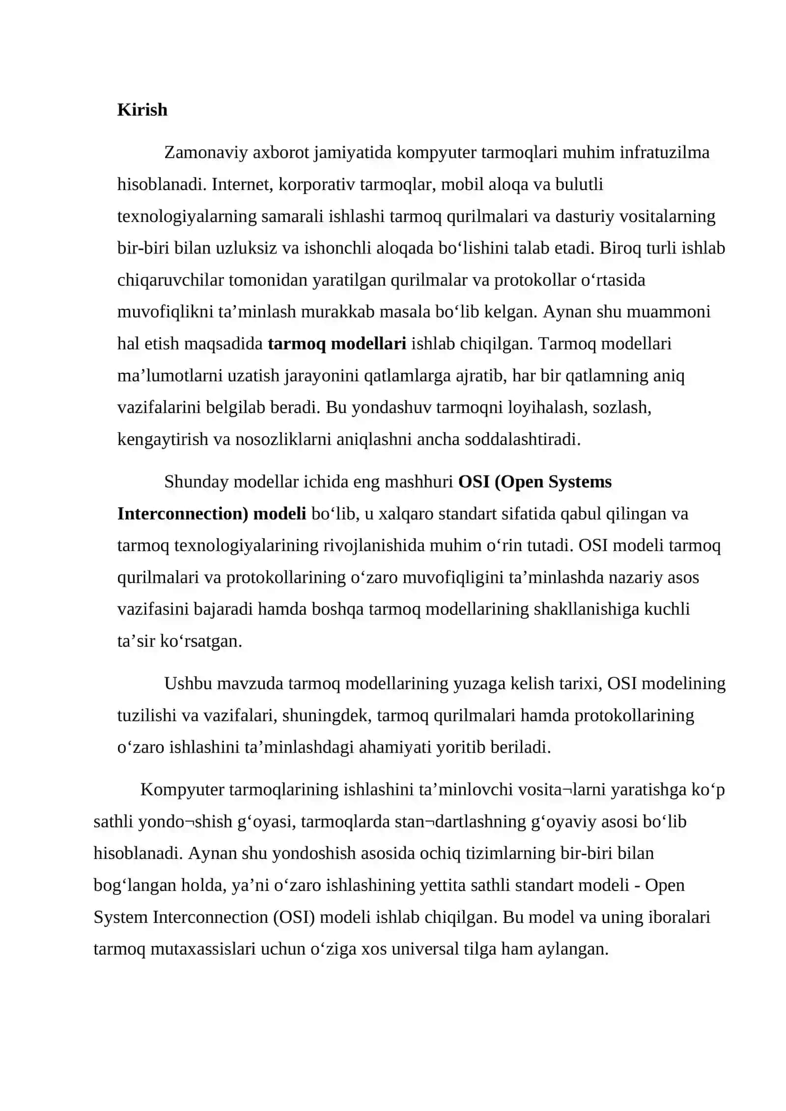 mustaqil ish OSI modeli. Tarmoq modellarining yuzaga kelish tarixi. Tarmoq qurilmalari va protokollarining o‘zaro muvofiqligini ta’minlashda tarmoq modellarining 3