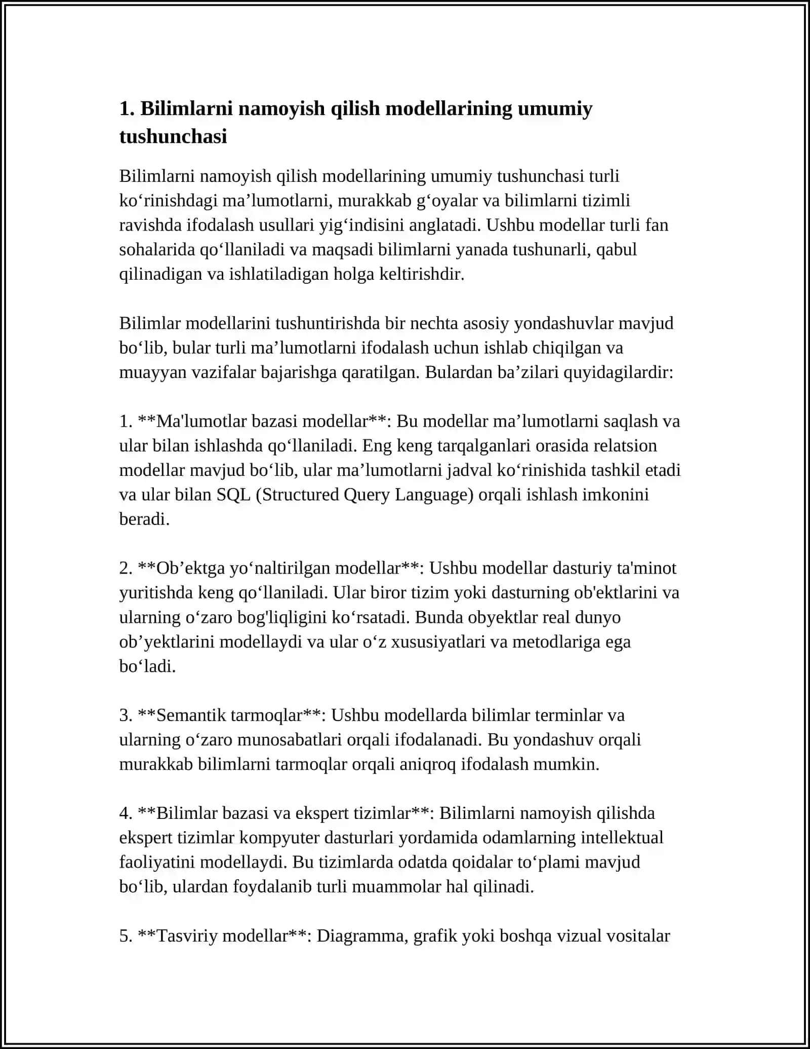 BILIMLARNI NAMOYISH QILISH MODELLARI. SEMANTIK TARMOQLARNING AFZALLIKLARI VA KAMCHILIKLARI 3