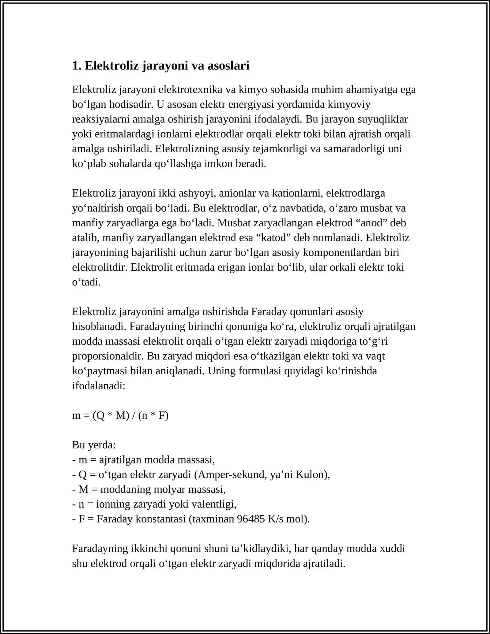 ELEKTROLIZ. FARADEY QONUNLARI. ELEKTROLITIK ERITMALAR VA SUYUQLANMALARNING ELEKTROLIZI 3