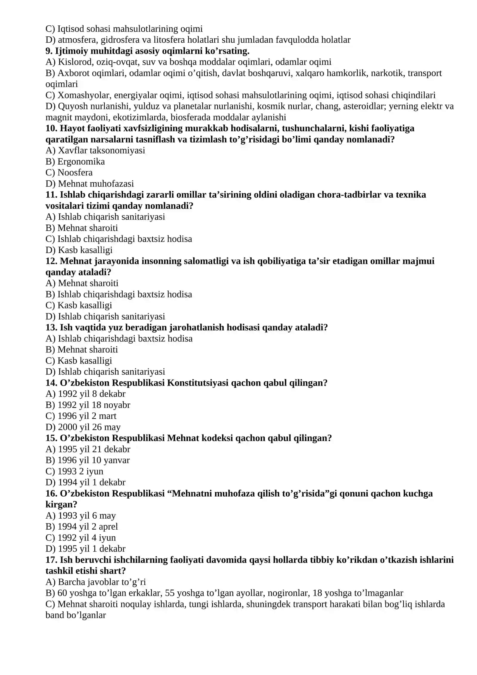 HAYOT FAOLIYATI XAVFSIZLIGI testlar 3
