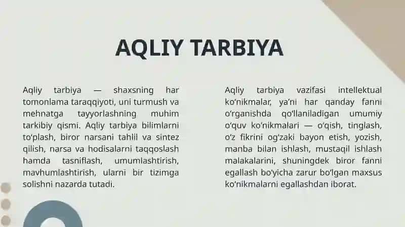 Oʻquvchilarning aqliy tarbiyasi, iqtisodiy tarbiya, ekologik tarbiya, fuqarolik tarbiyasi, vatanparvarlik tarbiyasi 3