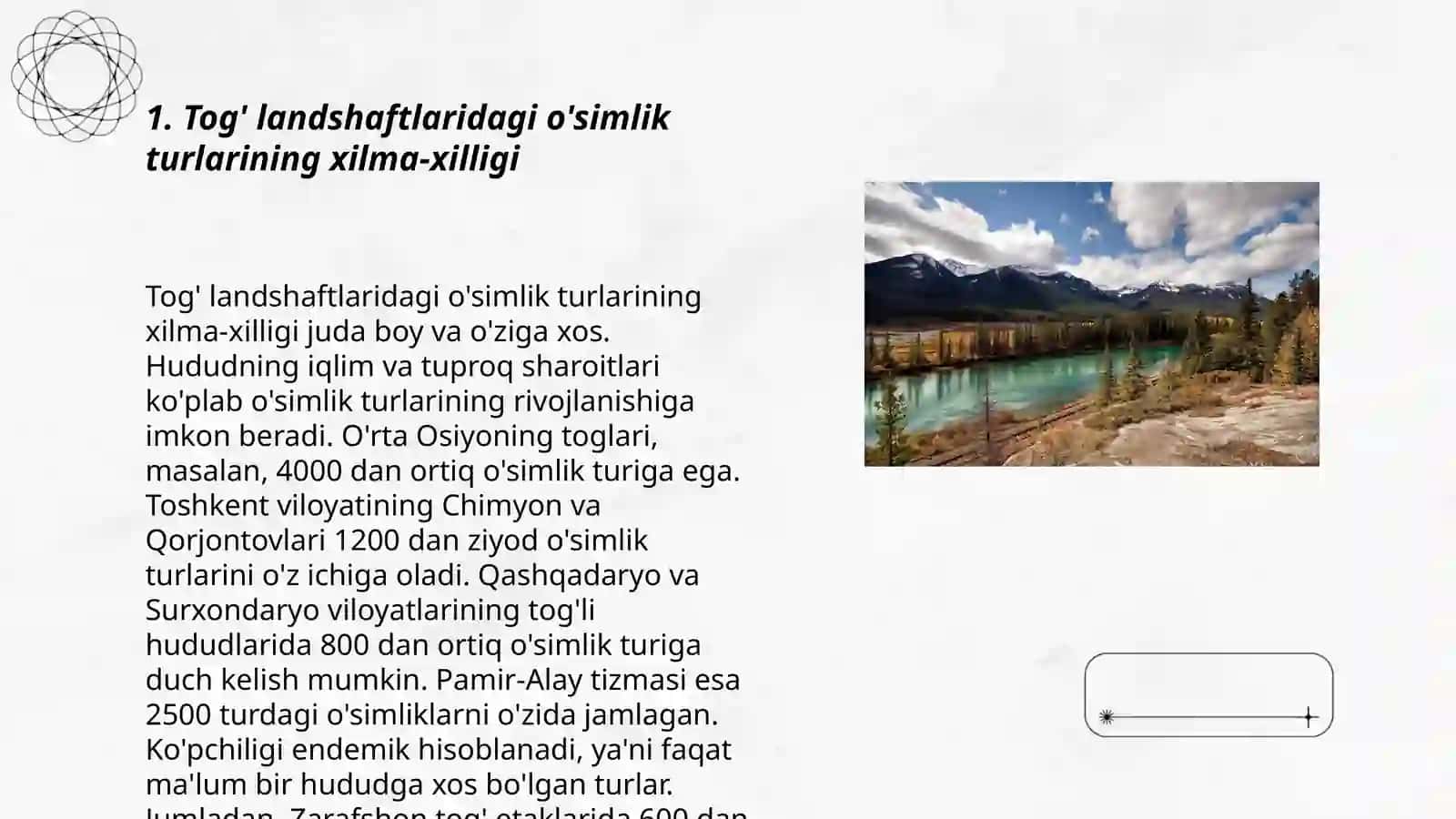 Tog' landshaftlarini ósimlik va hayvonot dunyosi turlarini aniqlang 3