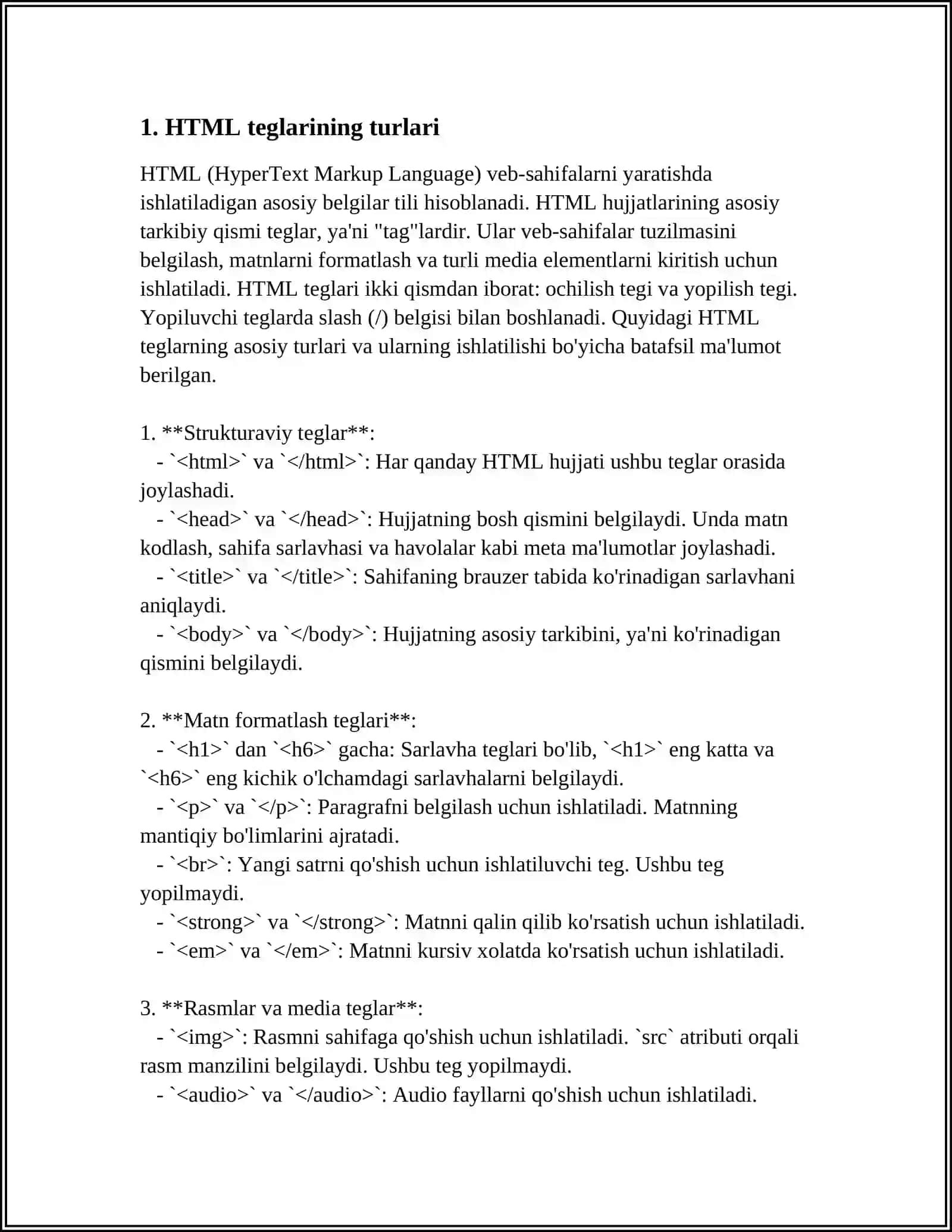 HTML DASTURLASH TILIDA TEG TUSHUNCHASI 3