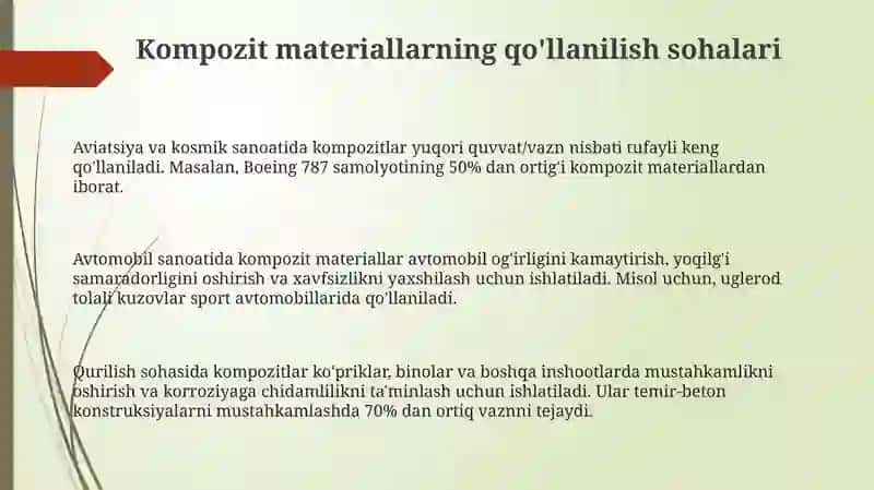 Kompozit materiallarning qo'llanilish sohalari 3