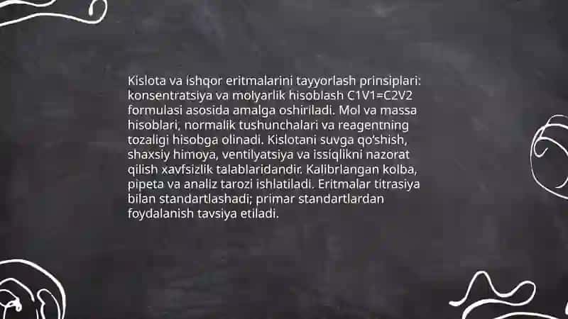 Kislоtа vа ishqоrlаr eritmаsini tаyyorlаsh Hаmdа ulаrni stаndаrtlаsh 3
