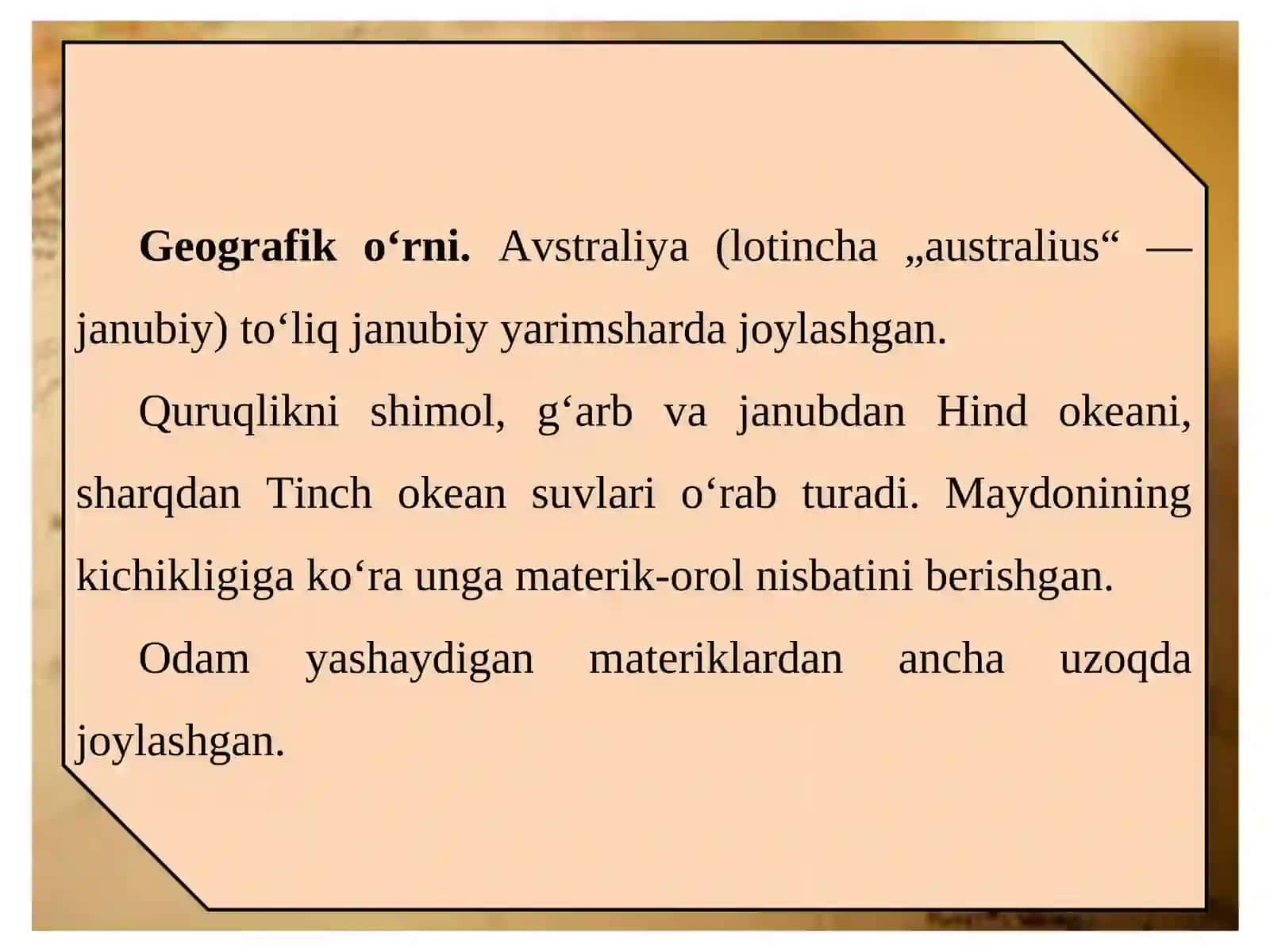Avstraliyaning geografik o‘rni, o‘rganilish tarixi, geologik tuzilishi, foydali qazilmalari. Relyefi 3