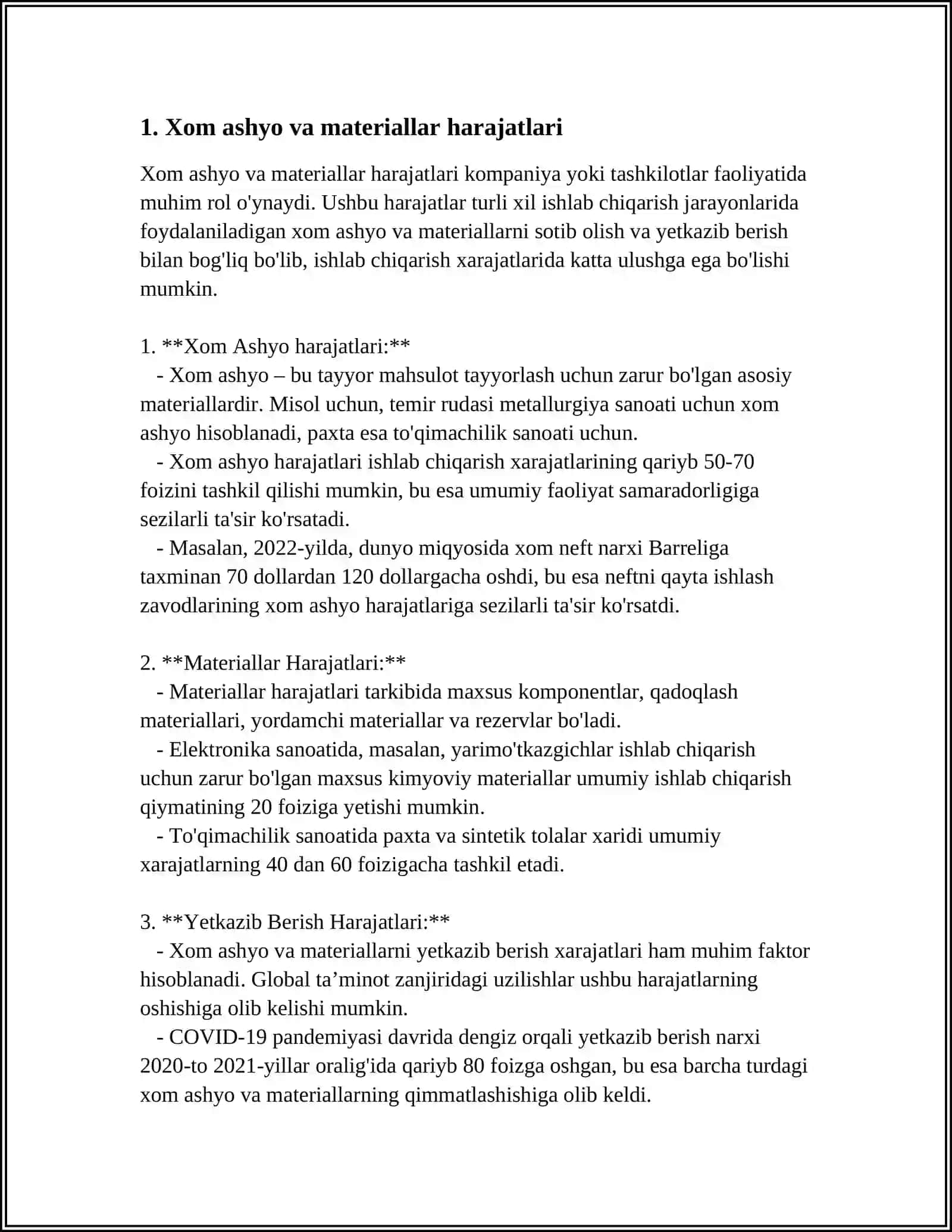 MAXSULOTNI ISHLAP CHIQARISH TANNARXIGA KIRITILADIGON HARAJATLAR TARKIBI 3