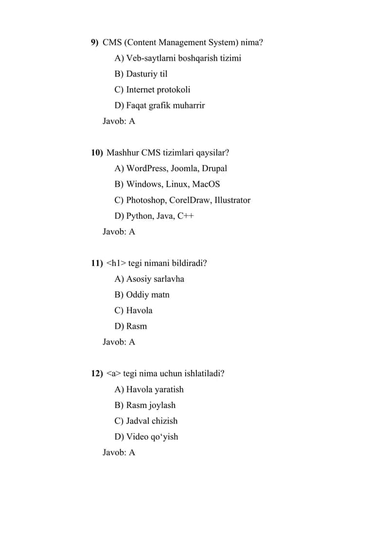 Web dizayn boʻyicha 50-ta test savollari to‘plami  javoblari bilan 3