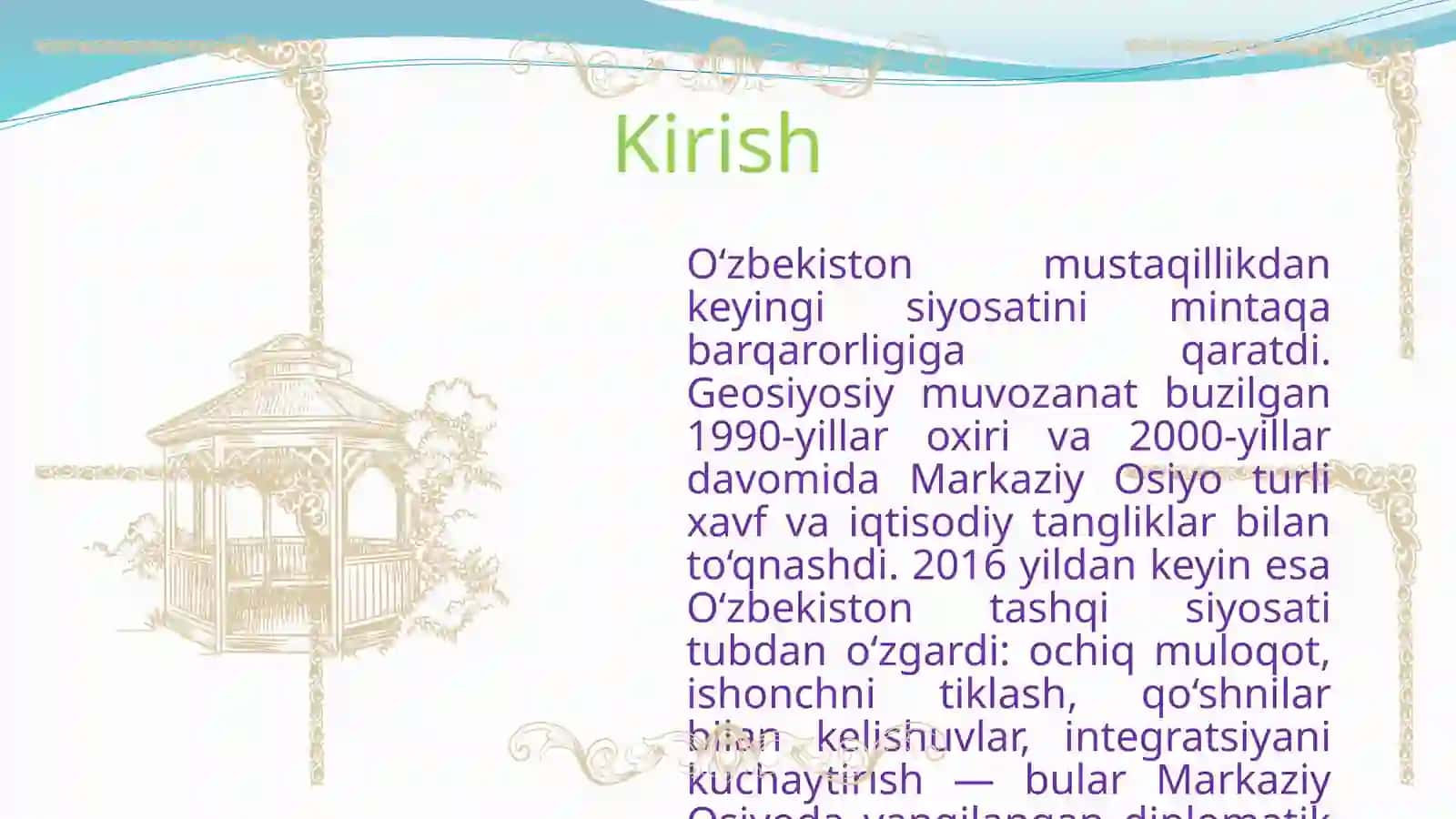 OʻZBEKISTONNING MARKAZIY OSIYODA TINCHLIK VA BARQARORLIKNI TAʼMINLASHDAGI OʻRNI 3